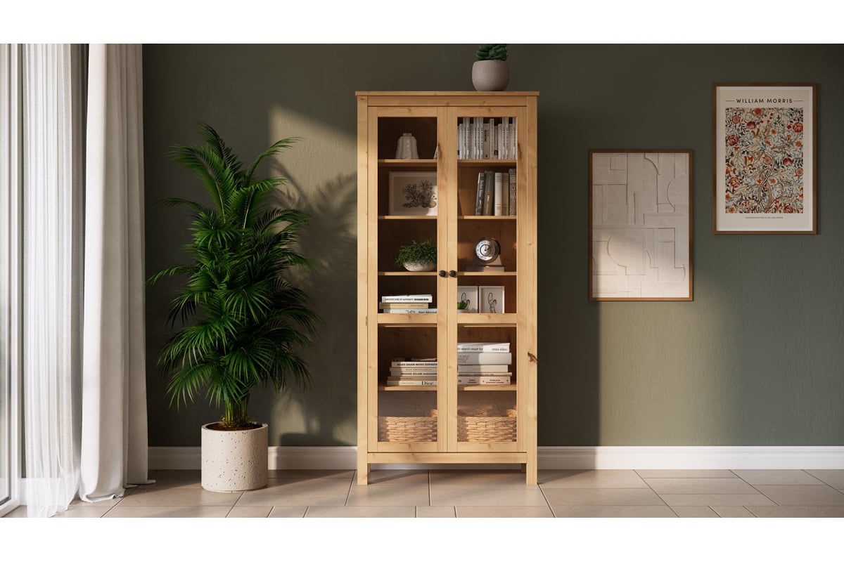 HEMNES ХЕМНЭС  КЫМÖР Шкаф-витрина с 2 дверями светло-коричневый стекло