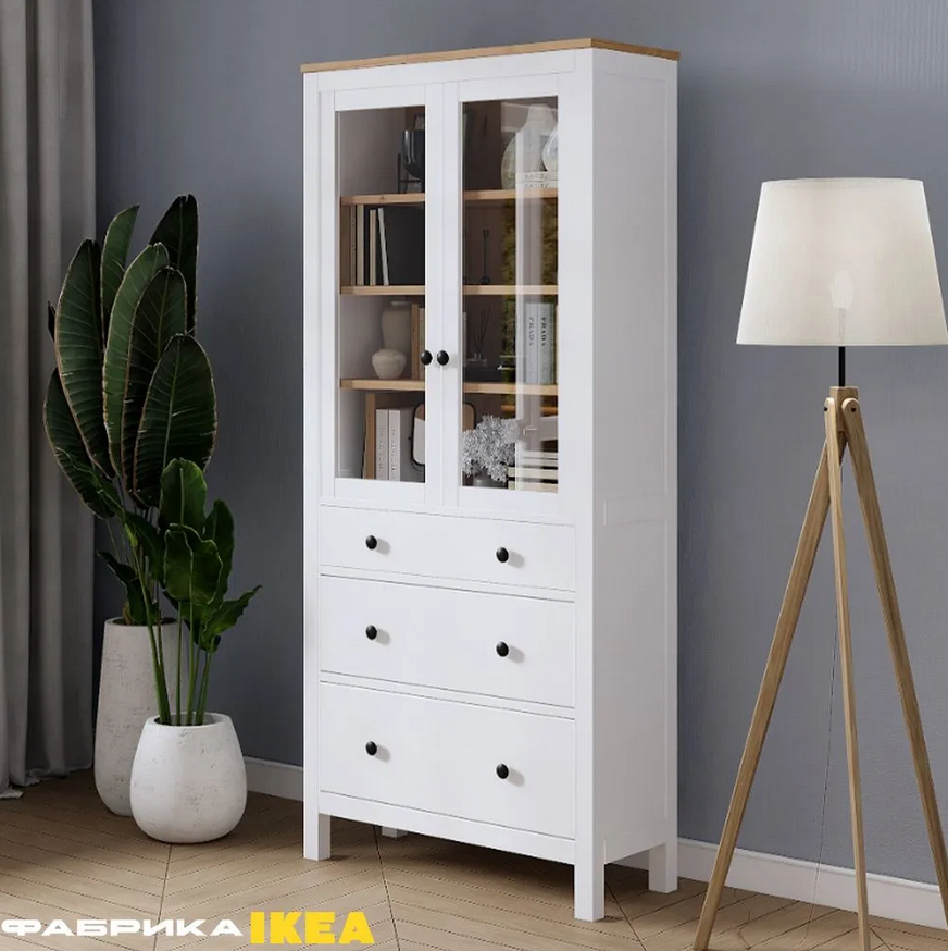 HEMNES ХЕМНЭС  КЫМÖР Шкаф-витрина белый/светло-коричневый