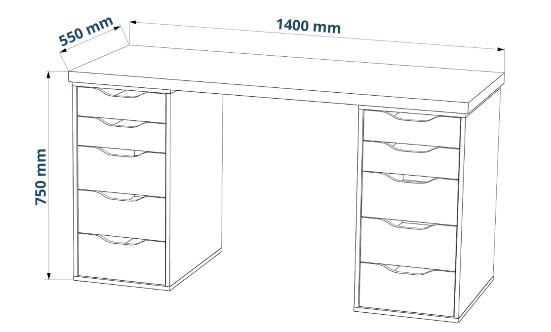 Стол ИНГАР 140*55 + 2 тумбы Ингар 5 серо-бирюзовый