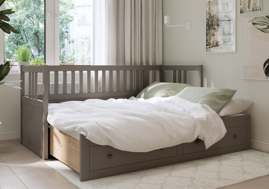 HEMNES ХЕМНЭС  КЫМÖР кровать-кушетка с хранилищем с выдвижением 80x200 Серый