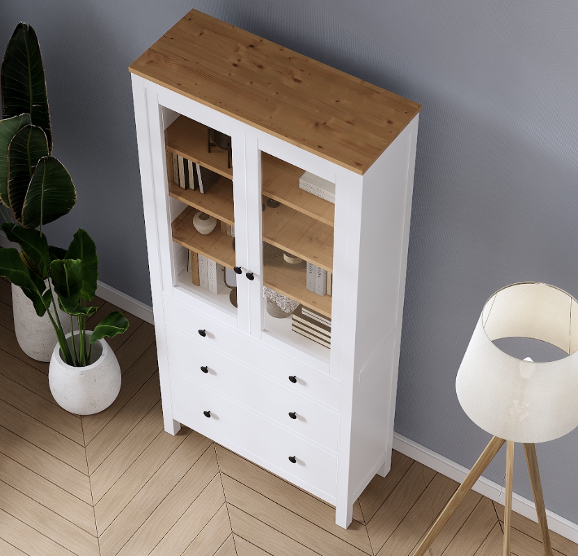 HEMNES ХЕМНЭС  КЫМÖР Шкаф-витрина белый/светло-коричневый