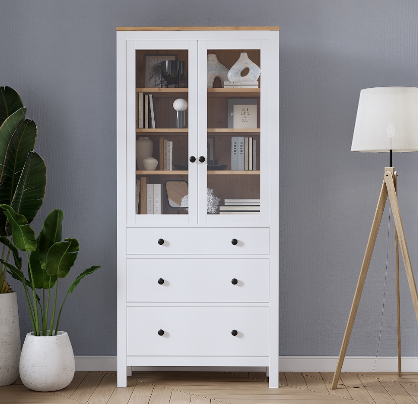 HEMNES ХЕМНЭС  КЫМÖР Шкаф-витрина белый/светло-коричневый