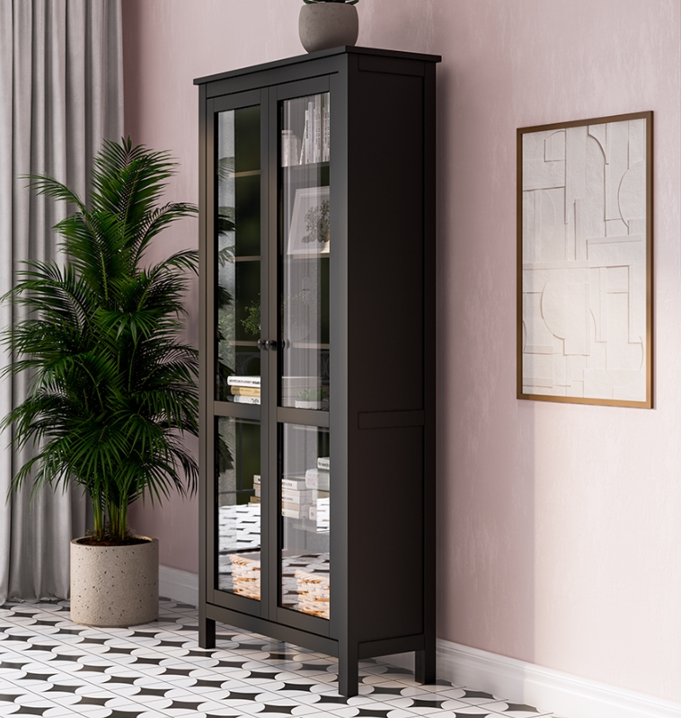 HEMNES ХЕМНЭС  КЫМÖР Шкаф-витрина с 2 дверями черный стекло
