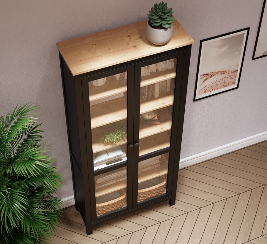 HEMNES ХЕМНЭС  КЫМÖР Шкаф-витрина с 2 дверями черный/светло-коричневый стекло