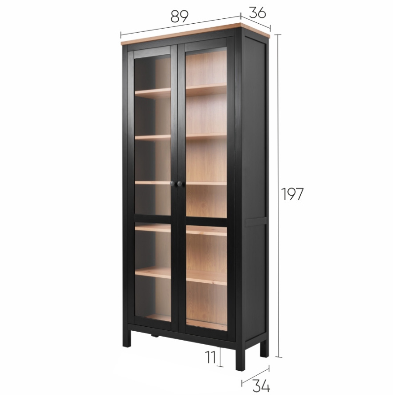HEMNES ХЕМНЭС  КЫМÖР Шкаф-витрина с 2 дверями черный/светло-коричневый стекло