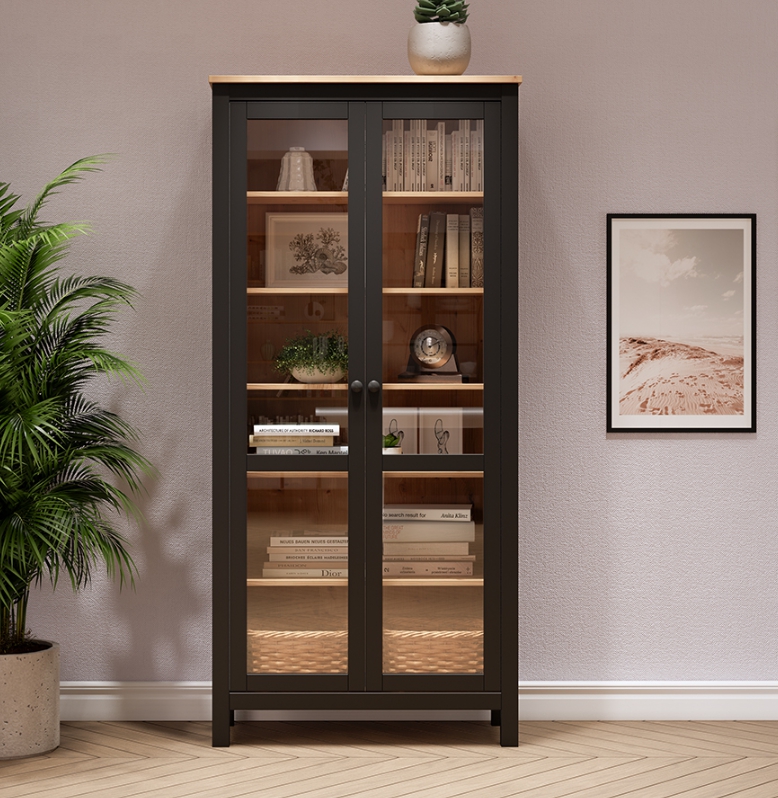 HEMNES ХЕМНЭС  КЫМÖР Шкаф-витрина с 2 дверями черный/светло-коричневый стекло
