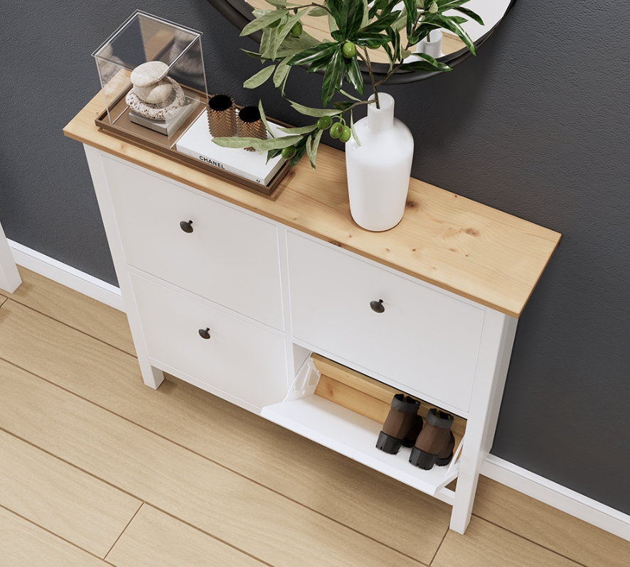 HEMNES ХЕМНЭС  КЫМÖР Тумба для обуви белая/светло-коричневая 4 отделения