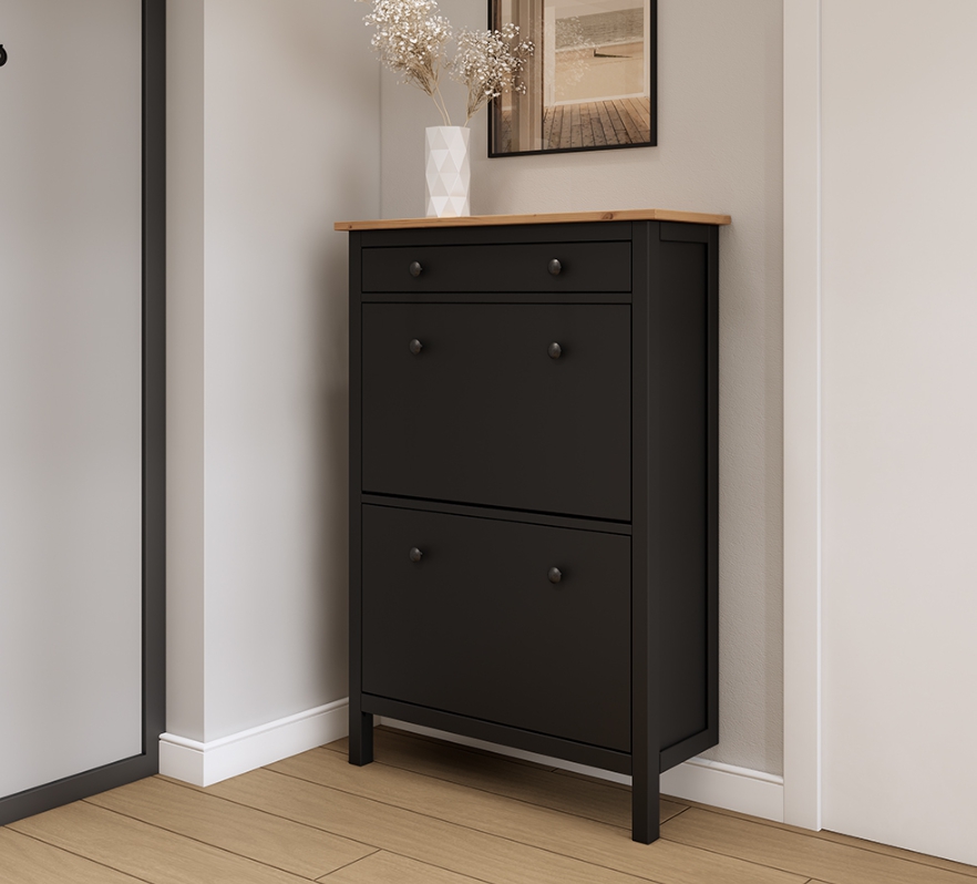 HEMNES ХЕМНЭС  КЫМÖР Тумба для обуви черный/светло-коричневый 2 отделения и ящик