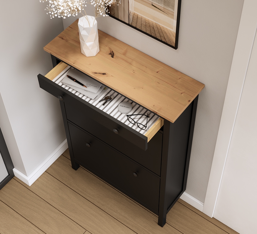 HEMNES ХЕМНЭС  КЫМÖР Тумба для обуви черный/светло-коричневый 2 отделения и ящик