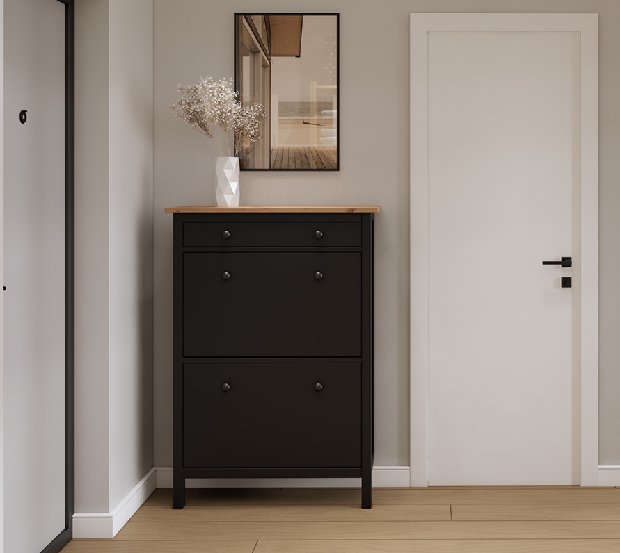 HEMNES ХЕМНЭС  КЫМÖР Тумба для обуви черный/светло-коричневый 2 отделения и ящик