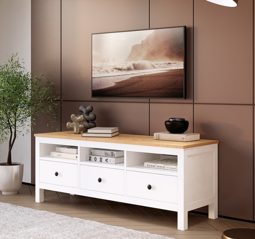 HEMNES ХЕМНЭС  КЫМÖР Тумба ТВ белая/светло-коричневая 3 ящика 148 см