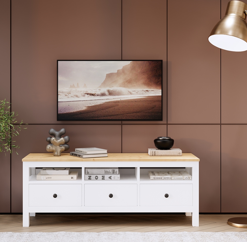 HEMNES ХЕМНЭС  КЫМÖР Тумба ТВ белая/светло-коричневая 3 ящика 148 см