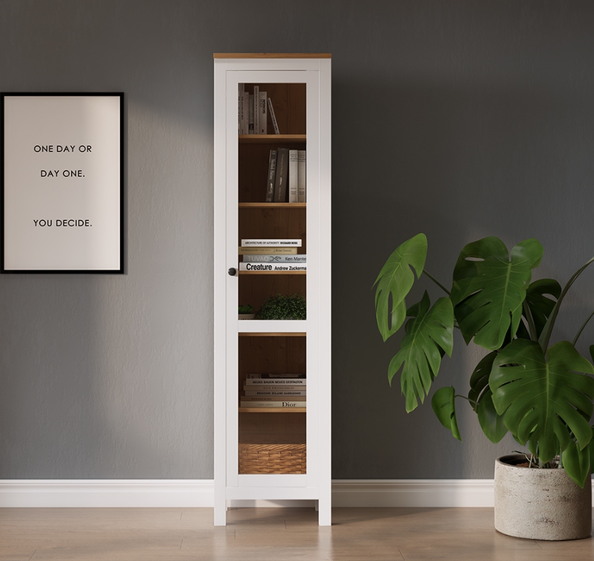 HEMNES ХЕМНЭС  КЫМÖР Шкаф-витрина с дверью стекло белый/светло-коричневый