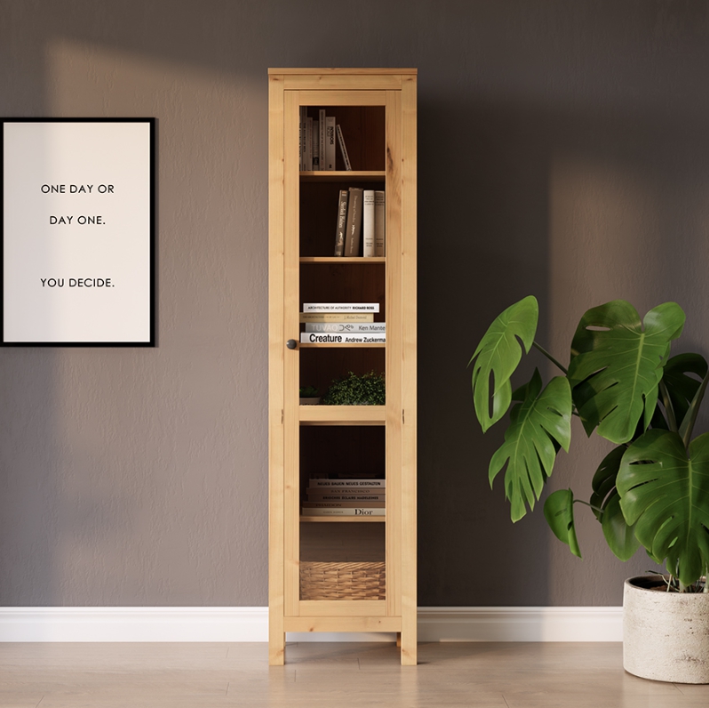 HEMNES ХЕМНЭС  КЫМÖР Шкаф-витрина с дверью стекло светло-коричневый