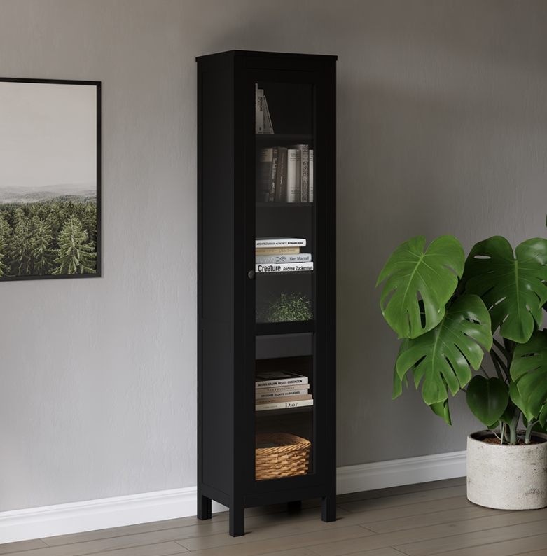 HEMNES ХЕМНЭС  КЫМÖР Шкаф-витрина с дверью стекло черный