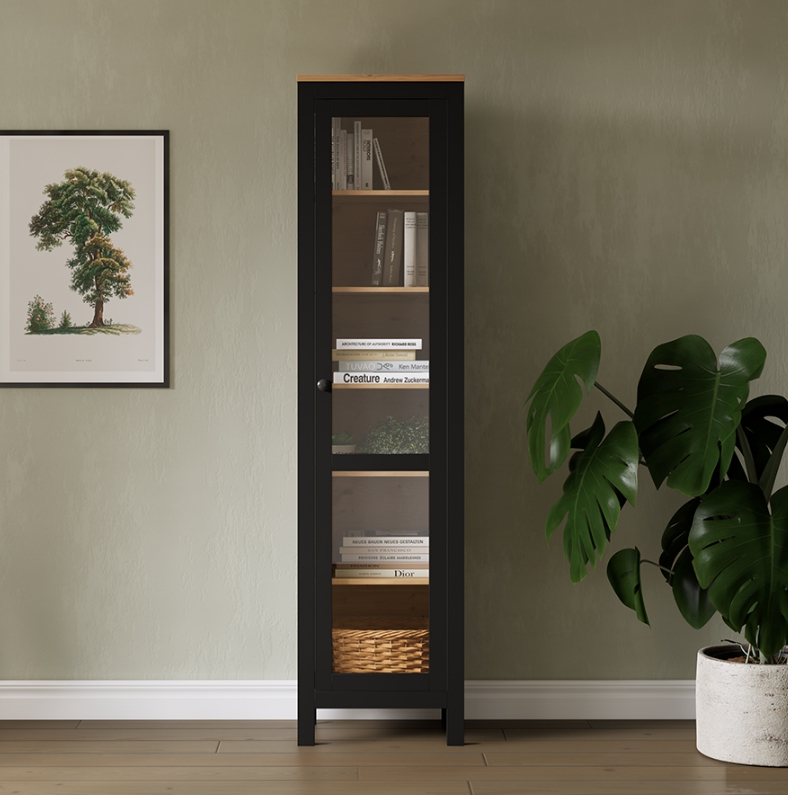 HEMNES ХЕМНЭС  КЫМÖР Шкаф-витрина с дверью стекло черный/светло-коричневый