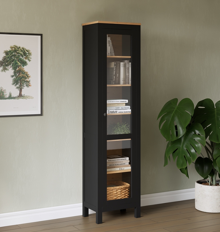 HEMNES ХЕМНЭС  КЫМÖР Шкаф-витрина с дверью стекло черный/светло-коричневый