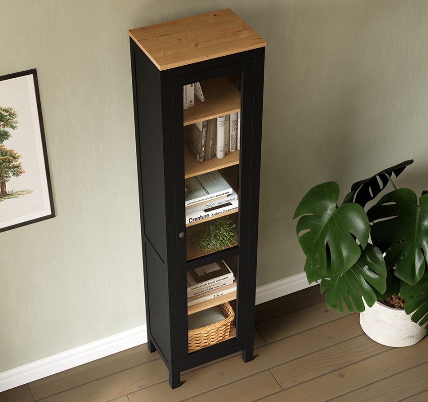 HEMNES ХЕМНЭС  КЫМÖР Шкаф-витрина с дверью стекло черный/светло-коричневый