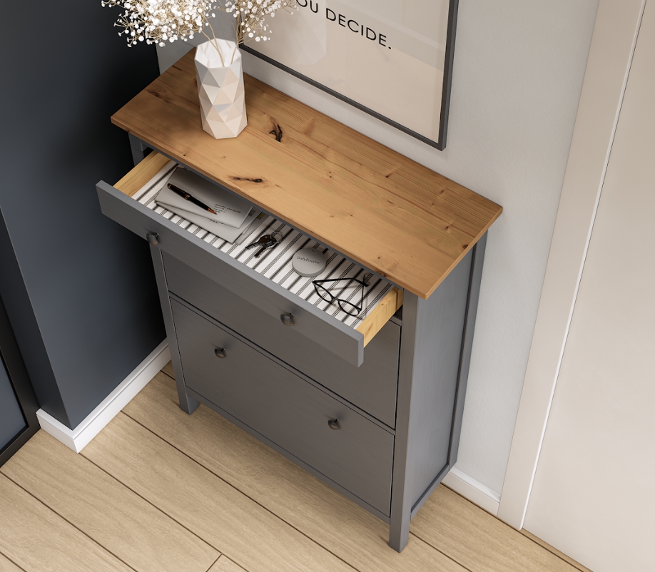 HEMNES ХЕМНЭС  КЫМÖР Тумба для обуви серый/светло-коричневый 2 отделения и ящик