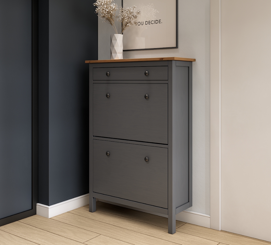 HEMNES ХЕМНЭС  КЫМÖР Тумба для обуви серый/светло-коричневый 2 отделения и ящик