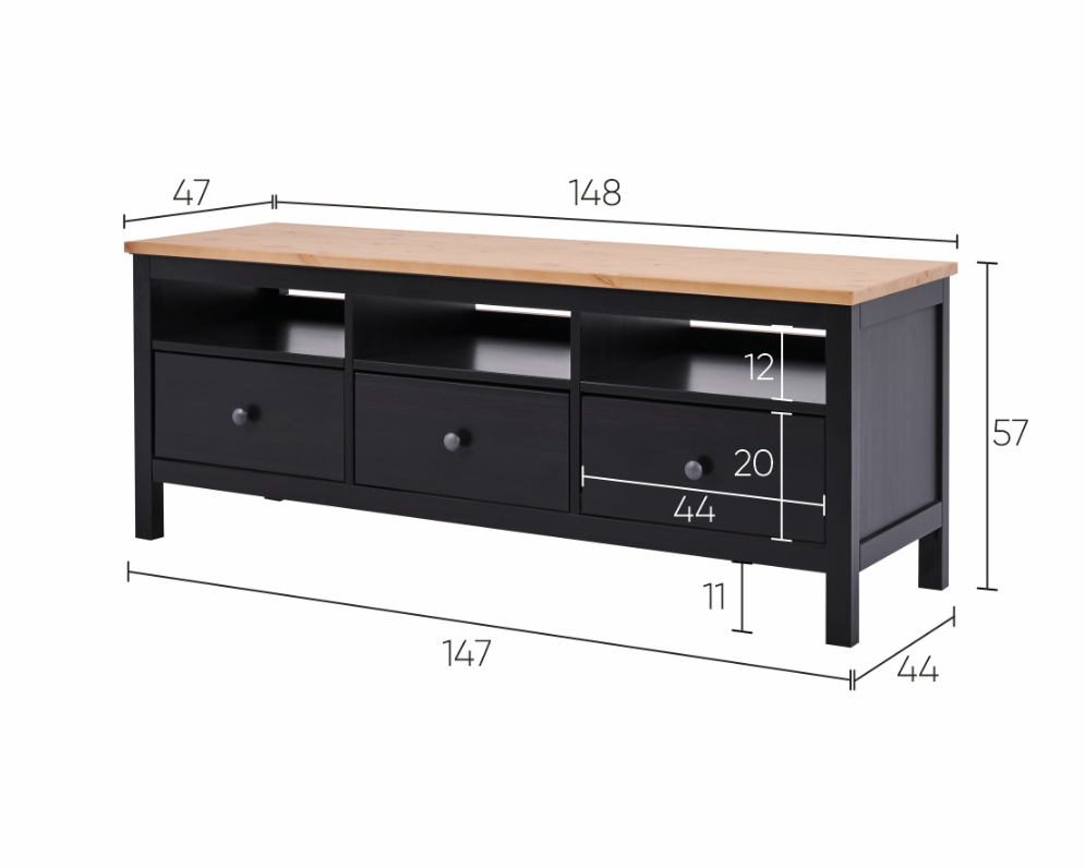 HEMNES ХЕМНЭС  КЫМÖР Тумба ТВ черная/светло-коричневая 3 ящика 148 см