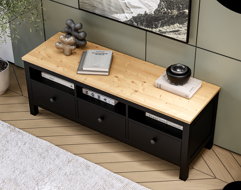 HEMNES ХЕМНЭС  КЫМÖР Тумба ТВ черная/светло-коричневая 3 ящика 148 см