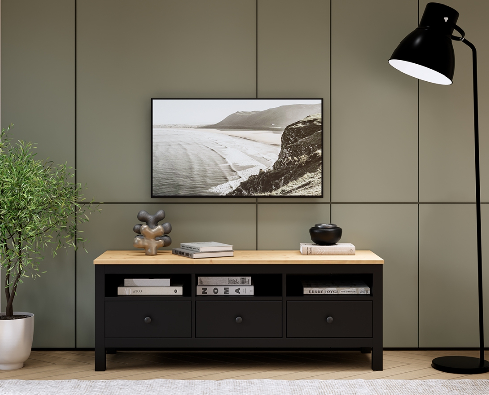 HEMNES ХЕМНЭС  КЫМÖР Тумба ТВ черная/светло-коричневая 3 ящика 148 см