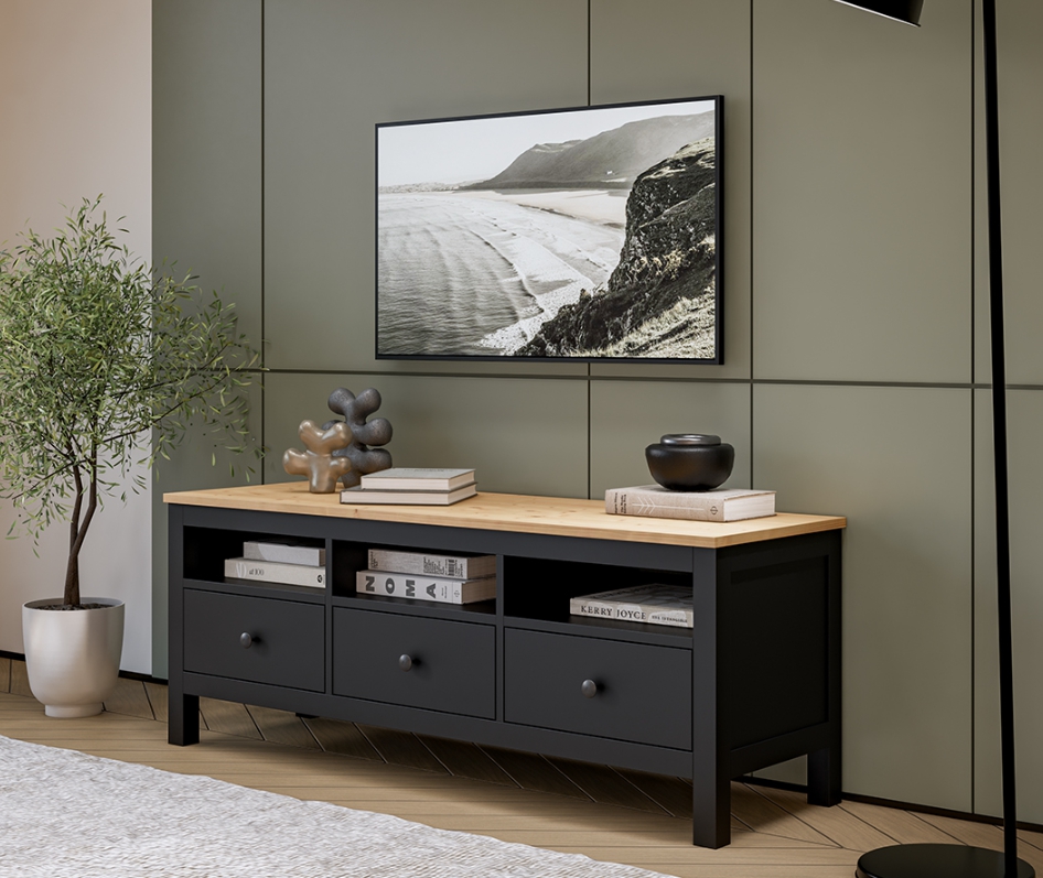 HEMNES ХЕМНЭС  КЫМÖР Тумба ТВ черная/светло-коричневая 3 ящика 148 см