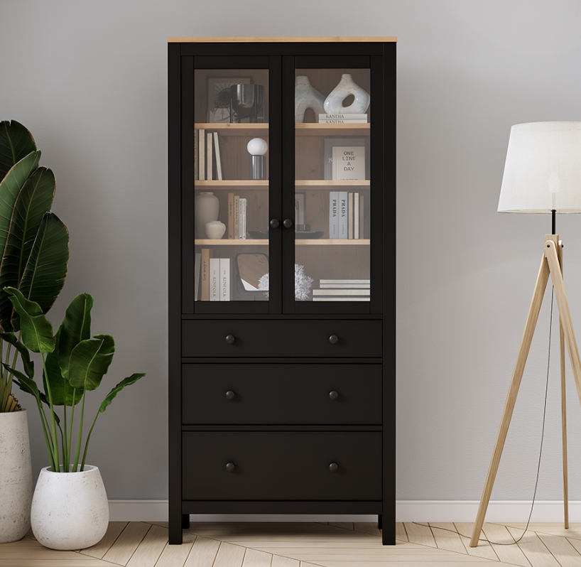 HEMNES ХЕМНЭС  КЫМÖР Шкаф-витрина черный/светло-коричневый