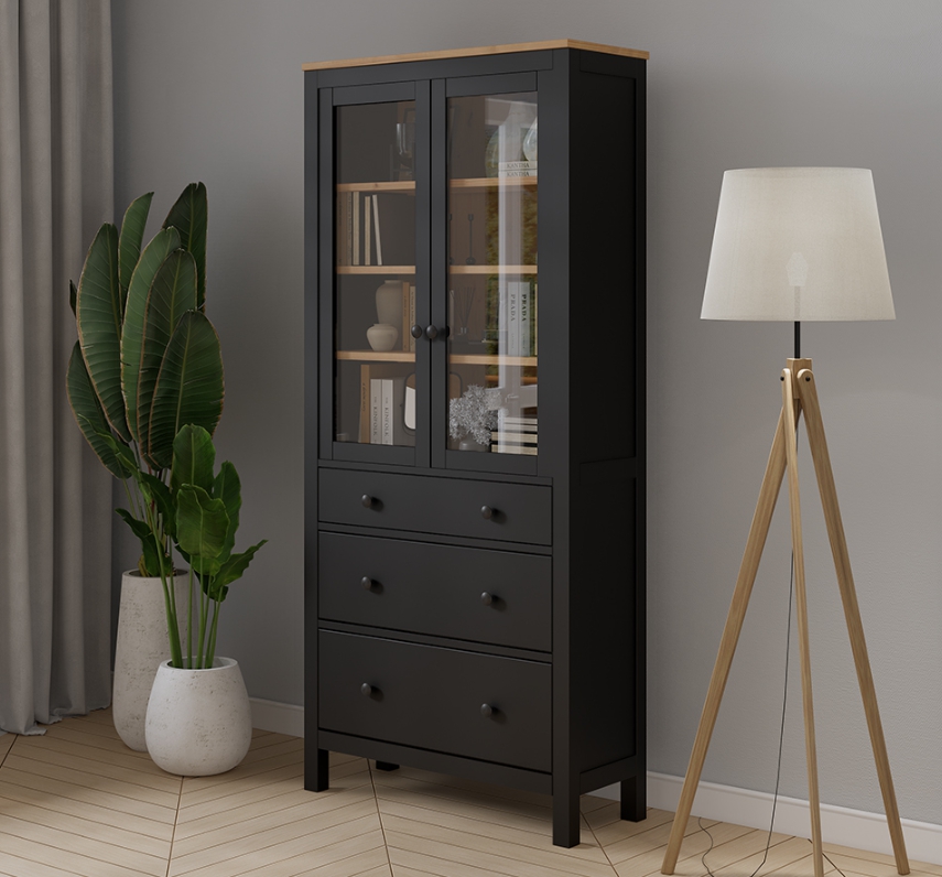 HEMNES ХЕМНЭС  КЫМÖР Шкаф-витрина черный/светло-коричневый