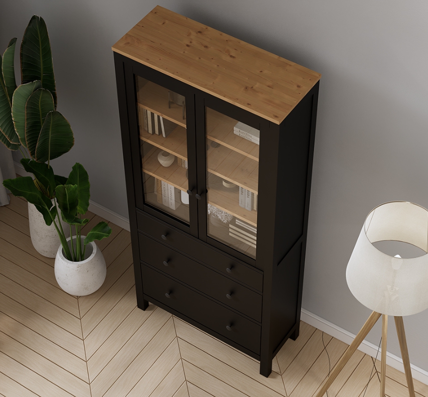 HEMNES ХЕМНЭС  КЫМÖР Шкаф-витрина черный/светло-коричневый
